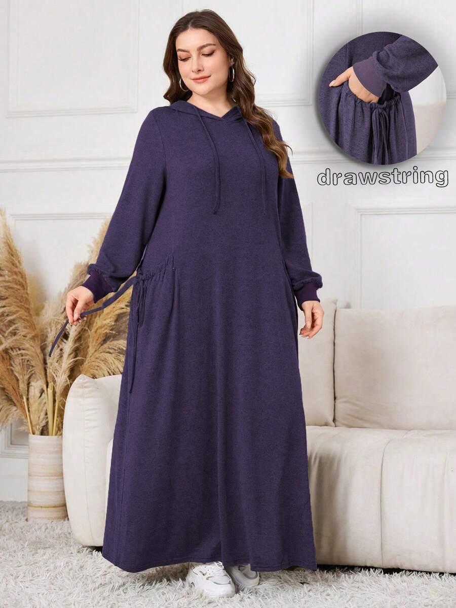 Lacomfia Plus Size Women Drawstring Hooded Long Sleeve Solid Color Tie Side Casual Sweatshirt Dress For Autumn/Winter