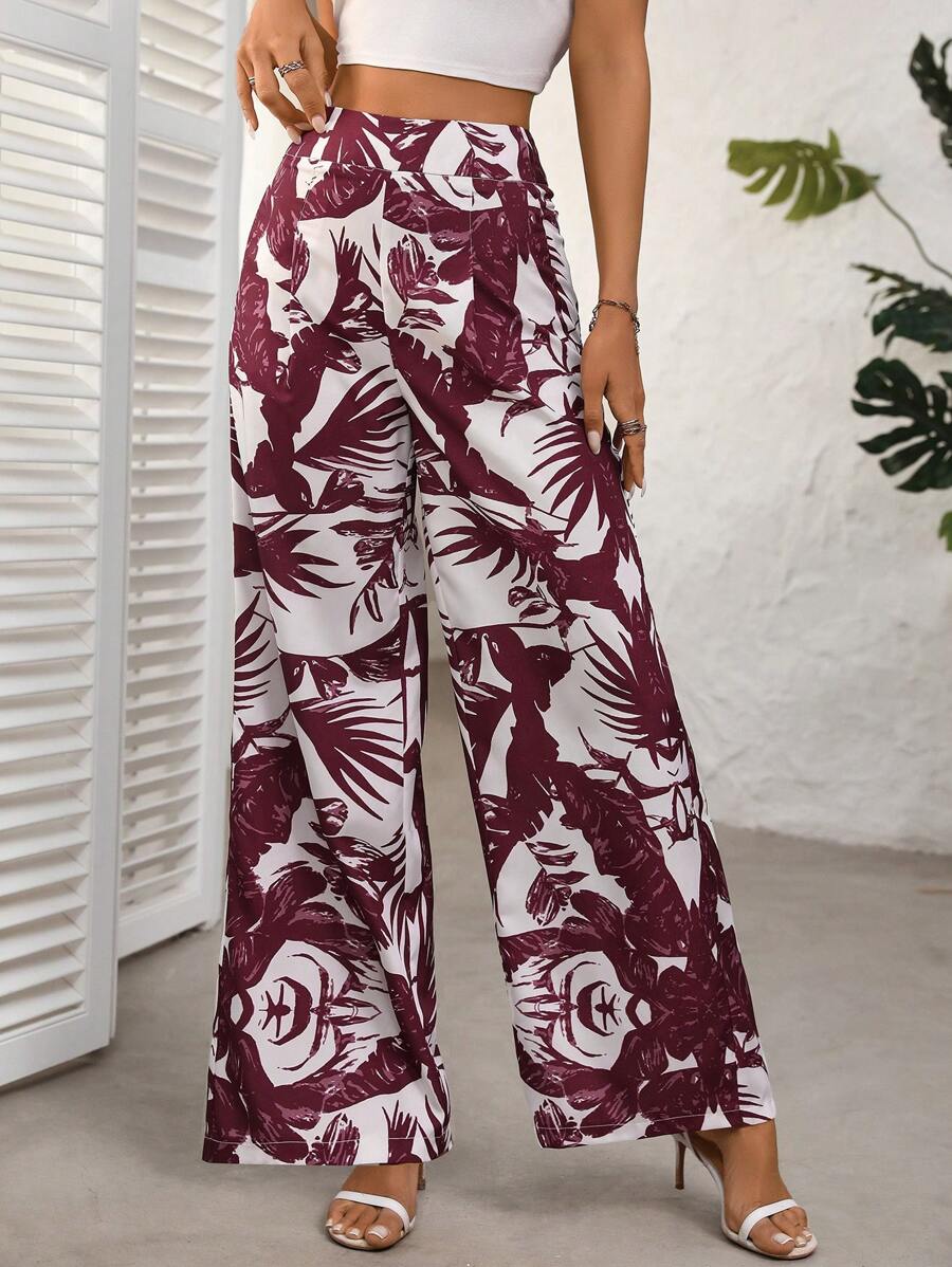 Chiquease Women Casual Vacation Wide Leg Pants With Tropical Print
