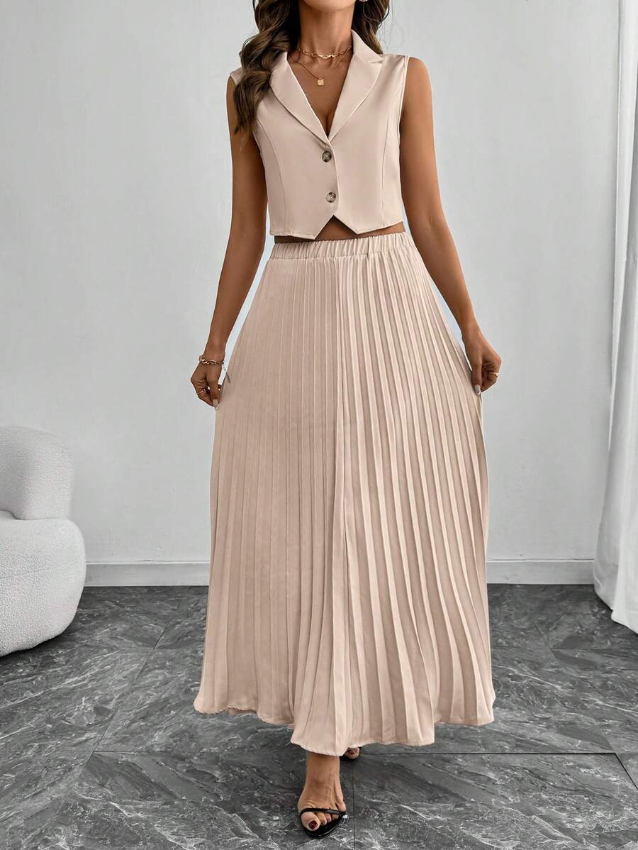SHEIN Clasi Solid Color Minimalist Sleeveless Vest And Pleated Skirt 2 Pieces Set