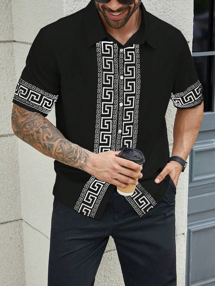 Manfinity Homme Heren effen patchwork-knoopsluiting, casual top met korte mouwen, dagelijks gebruik