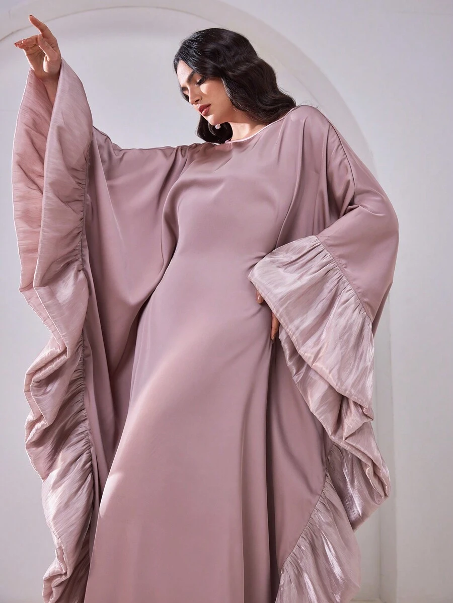 Al Najma Elegante effen Arabische jurk met ruches en vleermuismouwen voor dames, bescheiden