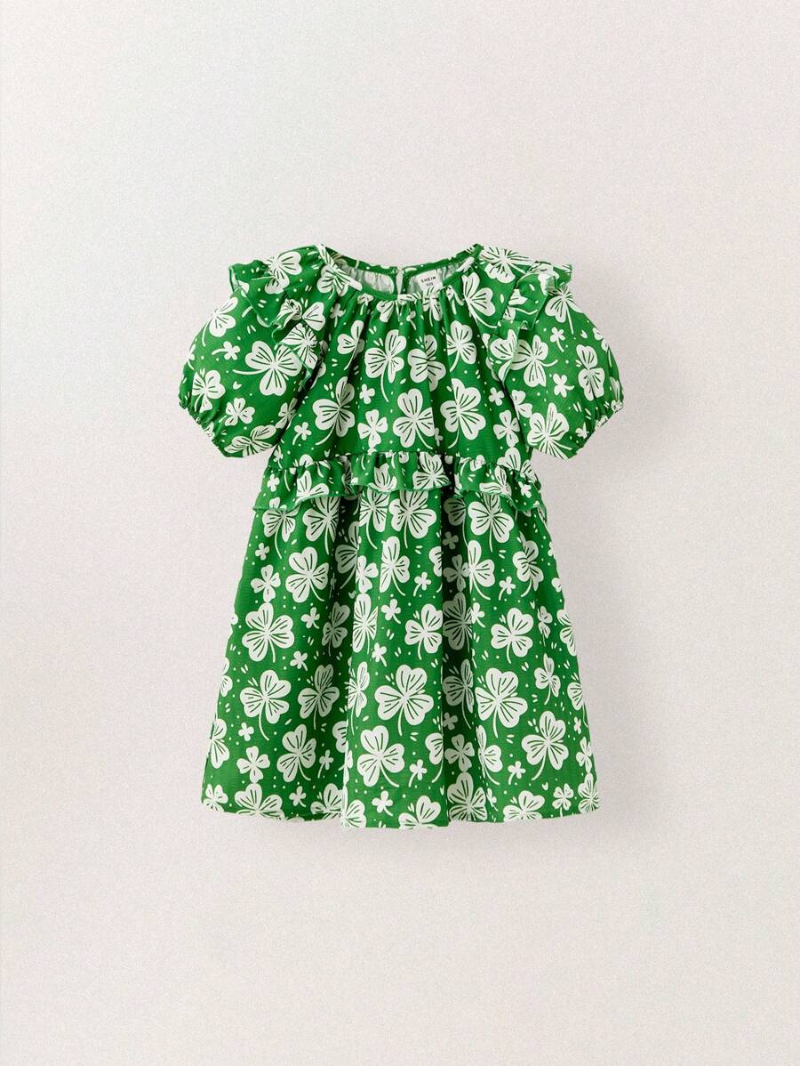 THE HAPPY LOOK Young Girls Vacation Casual Lucky Clover Print Puff Sleeve Dress