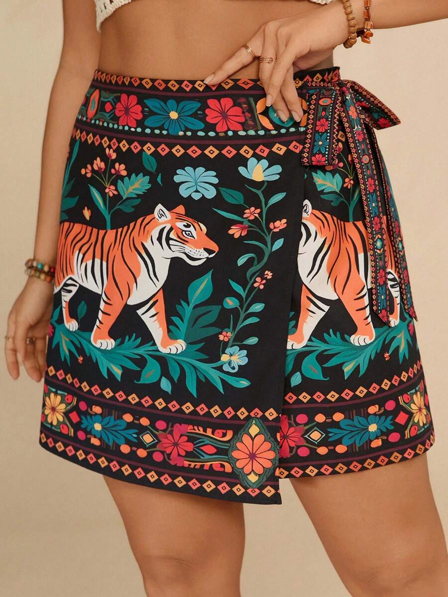 Travachic Falda holgada de cintura alta con estampado tropical, vestimenta casual de playa para mujer de talla grande