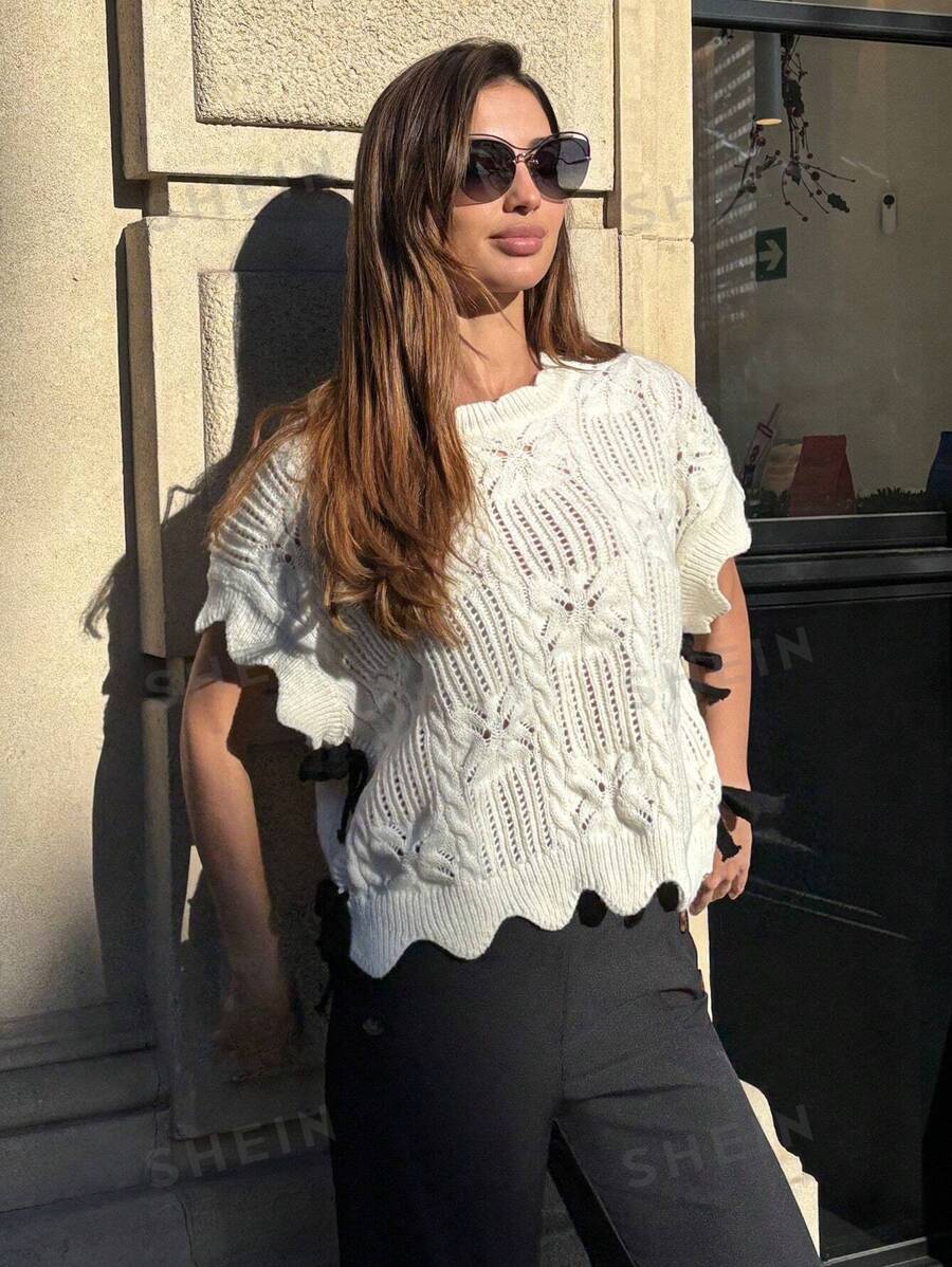 Pariaura Suéter holgado de tejido a punto con cuello redondo y diseño calado, de estilo francés y versátil