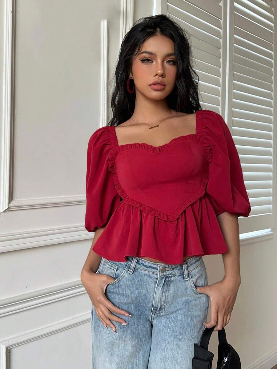 SHEIN Essnce Women's Solid Color Sweetheart Collar Short Sleeve Ruffle Hem Casual Blouse, Red Top