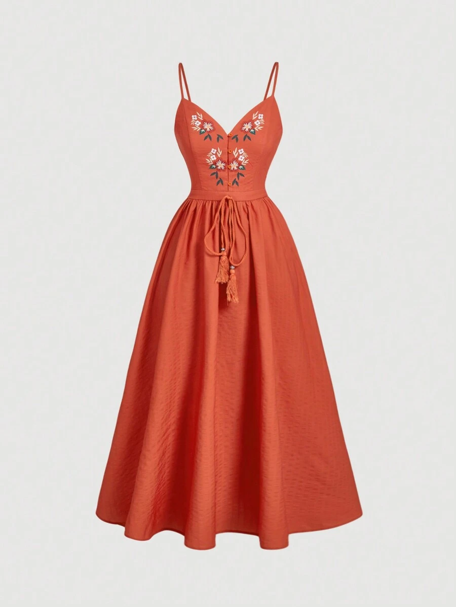SHEIN MOD Front Mid Floral Print Waist Fit Flared Vacation Dress In Orange,Beach Vacation,Country Concert Outfit,Beach Vacation Outfits,Western Wear Women