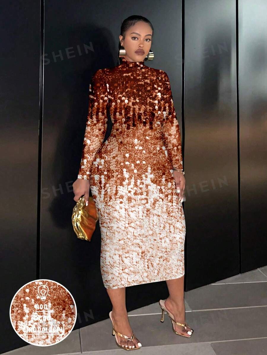Slaydiva Vestido ajustado de manga larga con cuello redondo, de talla grande, con estampado brillante de diseño minimalista casual, apto para fiestas de otoño/invierno