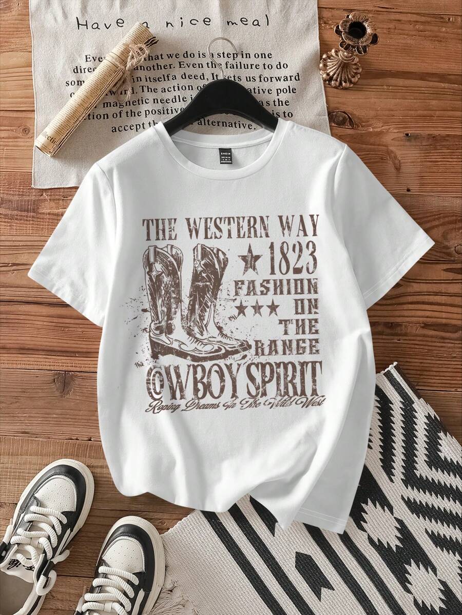 Attitoon Western Boot Print Fitted Round Neck Short Sleeve Women's T-Shirt, Summer, Cotton Blend
