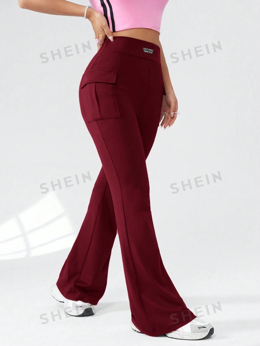 SHEIN EZwear Pantalones de pierna acampanada casuales de punto de color liso con bolsillos para mujer