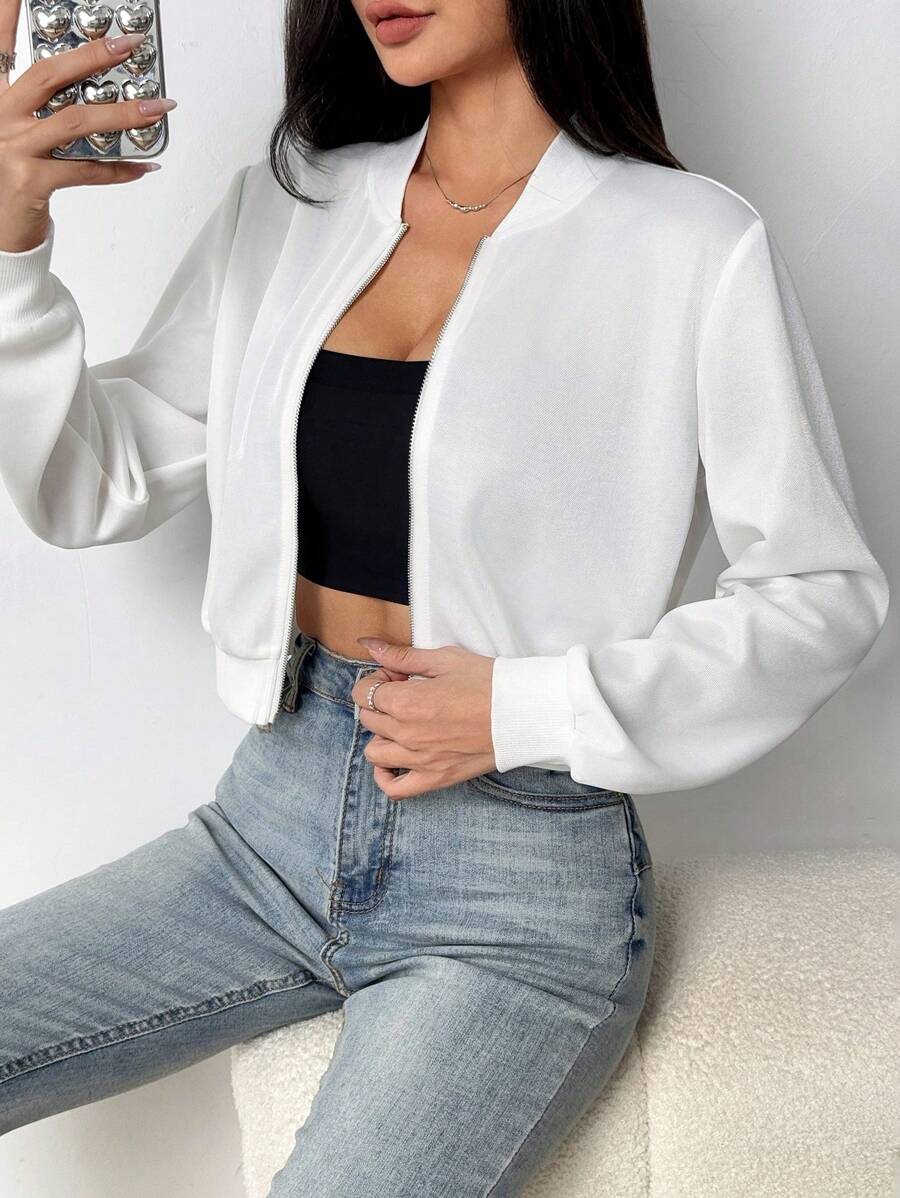 SHEIN EZwear LentekledingSolide rits-crop bomberjack