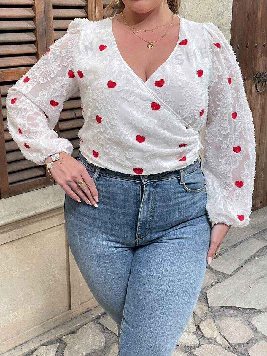 Franclia Blusa casual de manga larga con escote en V y estampado de corazón para tallas grandes