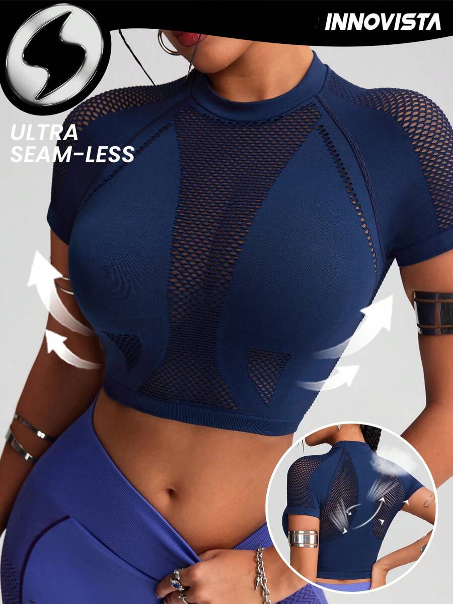 Innovista Top de sport sans couture pour femme, soutien et élasticité élevés, top court de sport respirant et à séchage rapide. à la mode et unique, pour extérieur, cyclisme, vélo, course légère, musculation, yoga, fête, tennis, randonnée, cardio, sweats bleus, festival, printemps, électrique, sous-couche
