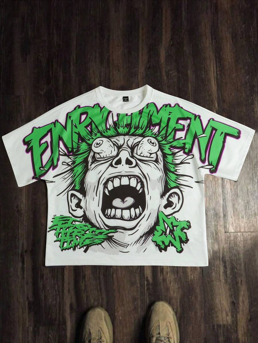 Manfinity EMRG Men's Young Street Style INS Products Oversized Graphic Print Hip-Hop Street Funny Fun Fright Comic Face Letter Pattern Loose White Short Sleeve T-Shirt. Oversized Graphic T-Shir Rapper Tshirt