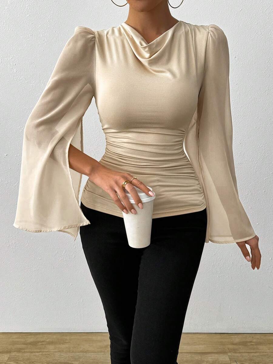 SHEIN LUNE Elegant Apricot V-Neck Draped Waist Ruffle Slit Cape Sleeve Women Top