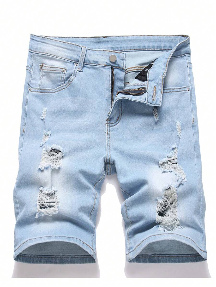 Manfinity EMRG Men's Front Button Pocket Distressed Casual Skinny Denim Shorts