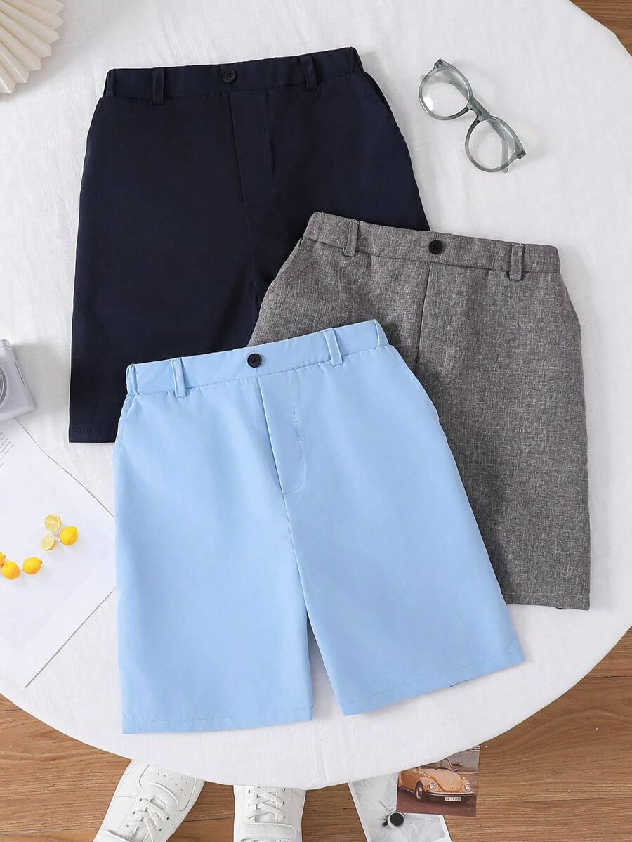 SHEIN 3pcs Tween Boys Multi-Pack Casual Solid Color Shorts, School, Campus, College
