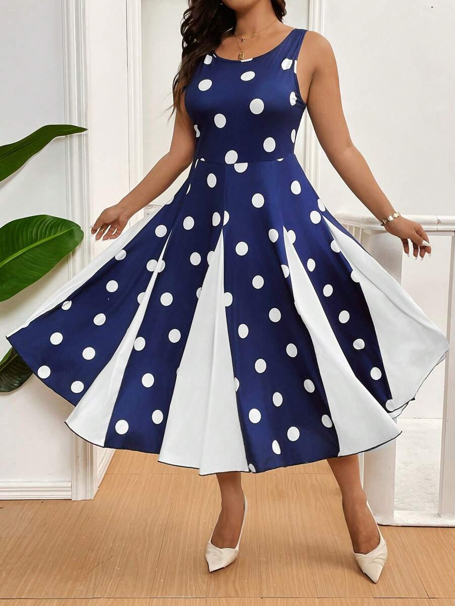 Celure Vestido casual de verano de fiesta con cuello redondo, sin mangas, de tallas grandes, con parches de lunares