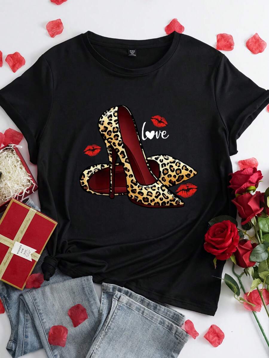 SHEIN LUNE Valentine's Day Leopard Print Heart Graphic High Heel Plus Size Short Sleeve T-Shirt