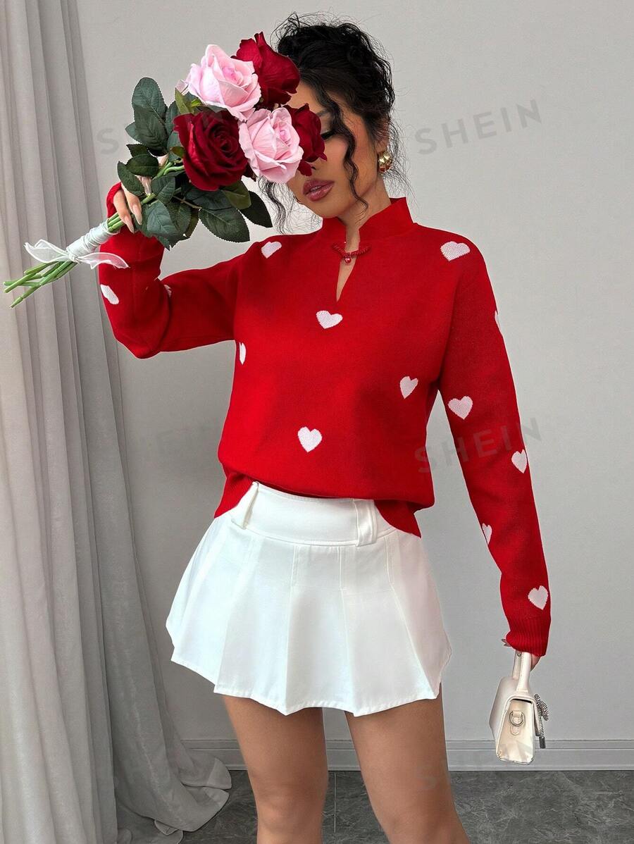 Chiquease Suéter de enamorados con corazón de contraste de color para el Día de San Valentín, nueva camisa de punto tipo jacquard con botones de nudo estilo retro chino para el Año Nuevo Chino