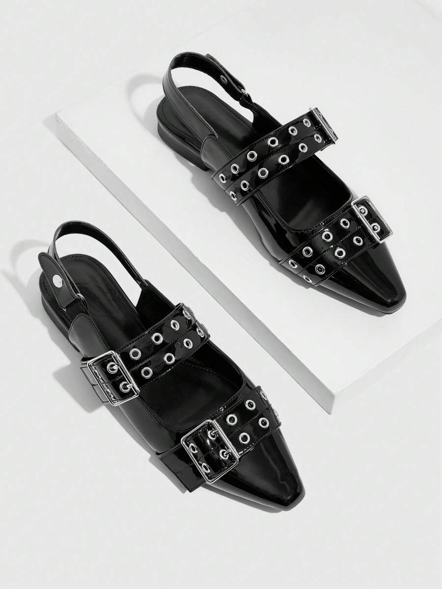 Cuccoo CUCCOO GRLICON Black Pointed Toe Casual Flats With Straps And Buckle, Motorcycle Style Comfortable Slip-On Shoes For Women Valentine's Day