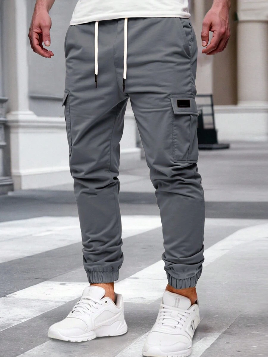 Manfinity Homme Pantaloni cargo casual slim fit pentru bărbați, cu cordon, în culori solide, cu mai multe buzunare, pentru întoarcerea la școală
