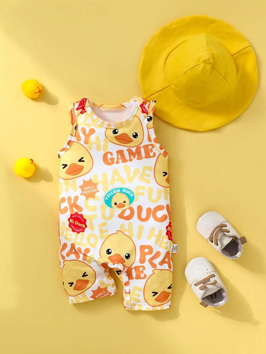 SHEIN Set de 2 piezas de pelele sin mangas con estampado de pato lindo y gorro amarillo para bebés niños, de tela de punto suave y cómoda, apta para uso diario, actividades al aire libre, ocio y vacaciones