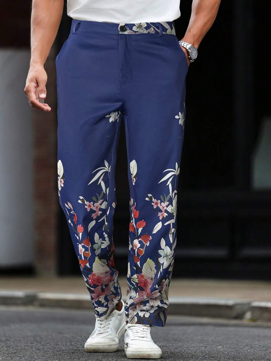 Manfinity Mode Men's Floral Print Pocket Straight Leg Casual Suit Pants