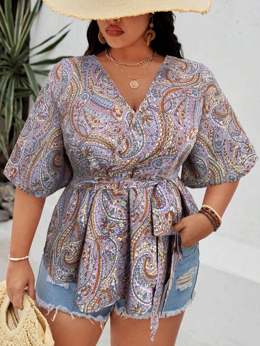 Breezaya Plus Paisley Print Belted Blouse