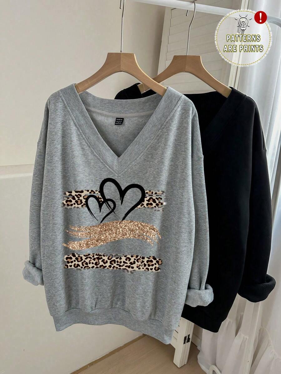 SHEIN LUNE 2pcs Plus Size V-Neck Leopard Print Heart Graphic Loose Warm Sweatshirt, Suitable For Autumn/Winter