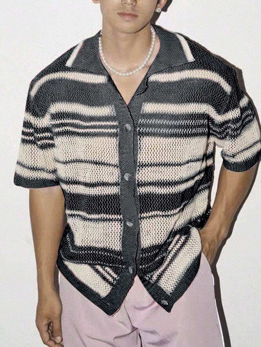 Manfinity Hypemode Men's Front Button Short Sleeve Striped Casual Knitted Top