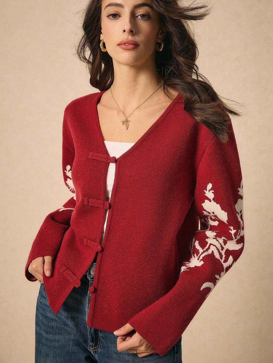 Poéselle Women's Floral Print Red Cardigan, Sweater Fall Winter Women Sweaters Fall Long Sleeve Cardigan Vintage Disc Button Cardigan Autumn 2024 AW