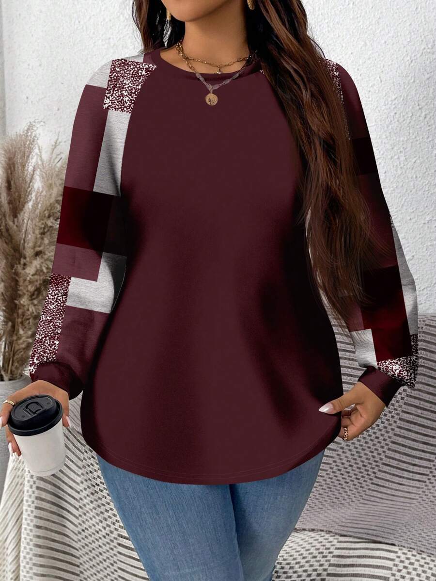 SHEIN LUNE Plus Size Marble Printed Crew Neck Pullover Sweatshirt With Arc Hem And Raglan Sleeves, Suitable For Autumn/Winter