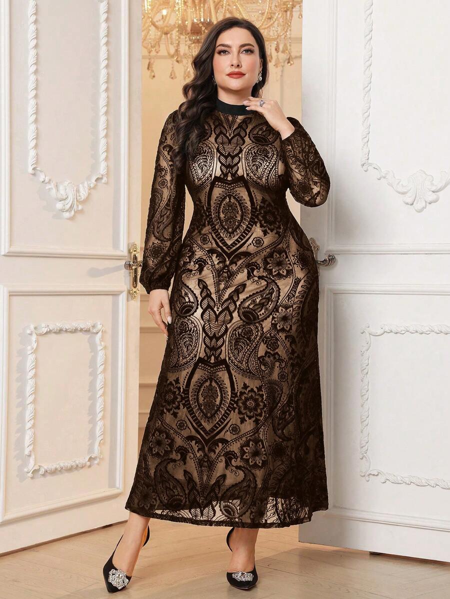 Modelyn Plus Size Women Elegant Round Neck Velour Dress Long Evening Dresses