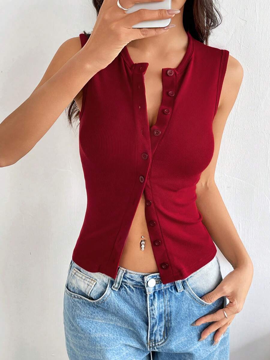 Flirla Wine Red Rib-Knit Open Front Button Sleeveless Cropped Camisole Top, Fashionable Minimalist Sweet Design, Super Stretchy & Soft, For Women Spring/Autumn