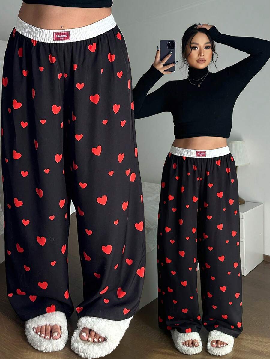 POPSWAY Plus Size Dames Losse Casual Wijde Broek Met Letterprint & Hartontwerp, Valentijn