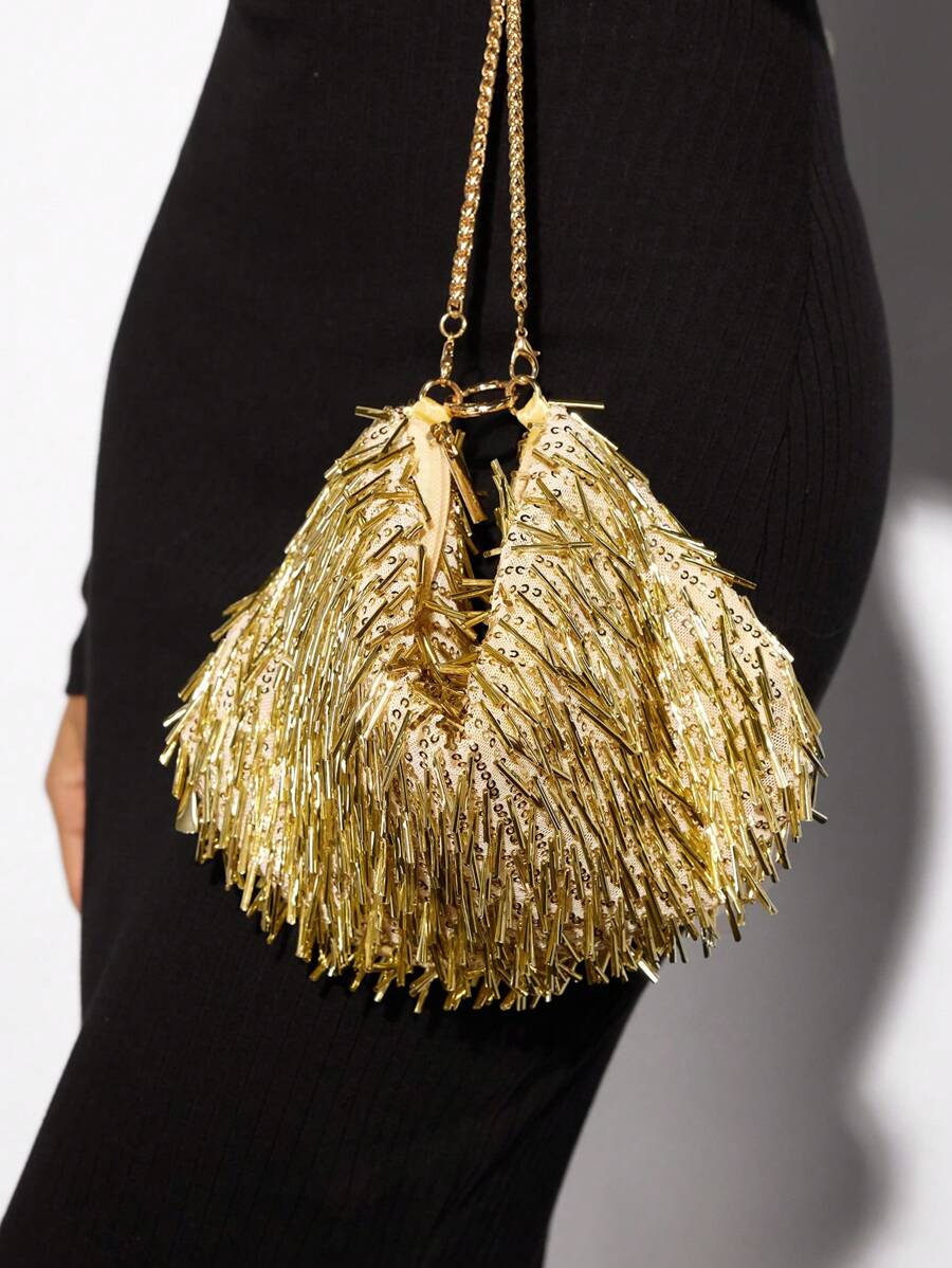 SHEIN SXY Ladies, Women Evening Bag,Top Handle Bag,Fashionable, Luxury, Beads, Sequins, Gold,Striped Sequins,For Cocktail Party,Party,Prom,Club,Date,Birthday,Evening,Date Night,Ball Valentines