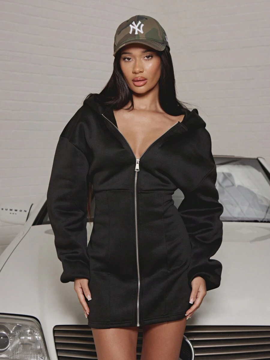 SUMWON WOMEN Corset Style Hooded Mini Dress Sports Luxe Athleisure Zip Front Party Club Wear Streetwear Long Sleeve Winter Fashion Casual Bodycon
