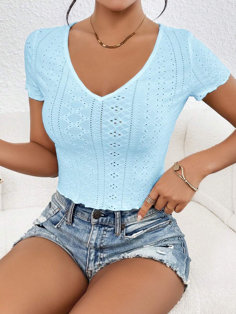 SHEIN Essnce Women's Short Sleeve V-Neck Solid Color Simple T-Shirt, Casual Daily Wear