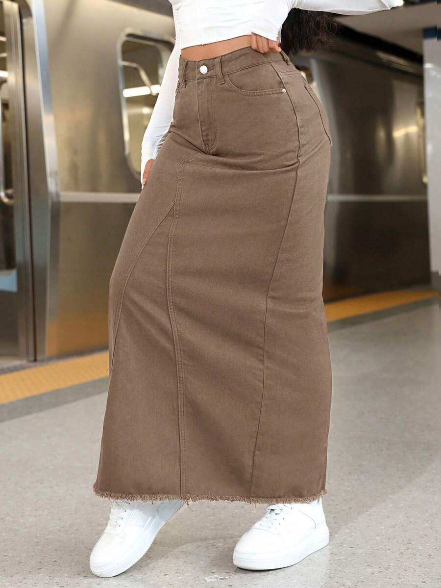 SHEIN EZwear Women's Front Button Pocket Denim A-Line Skirt, Casual Everyday