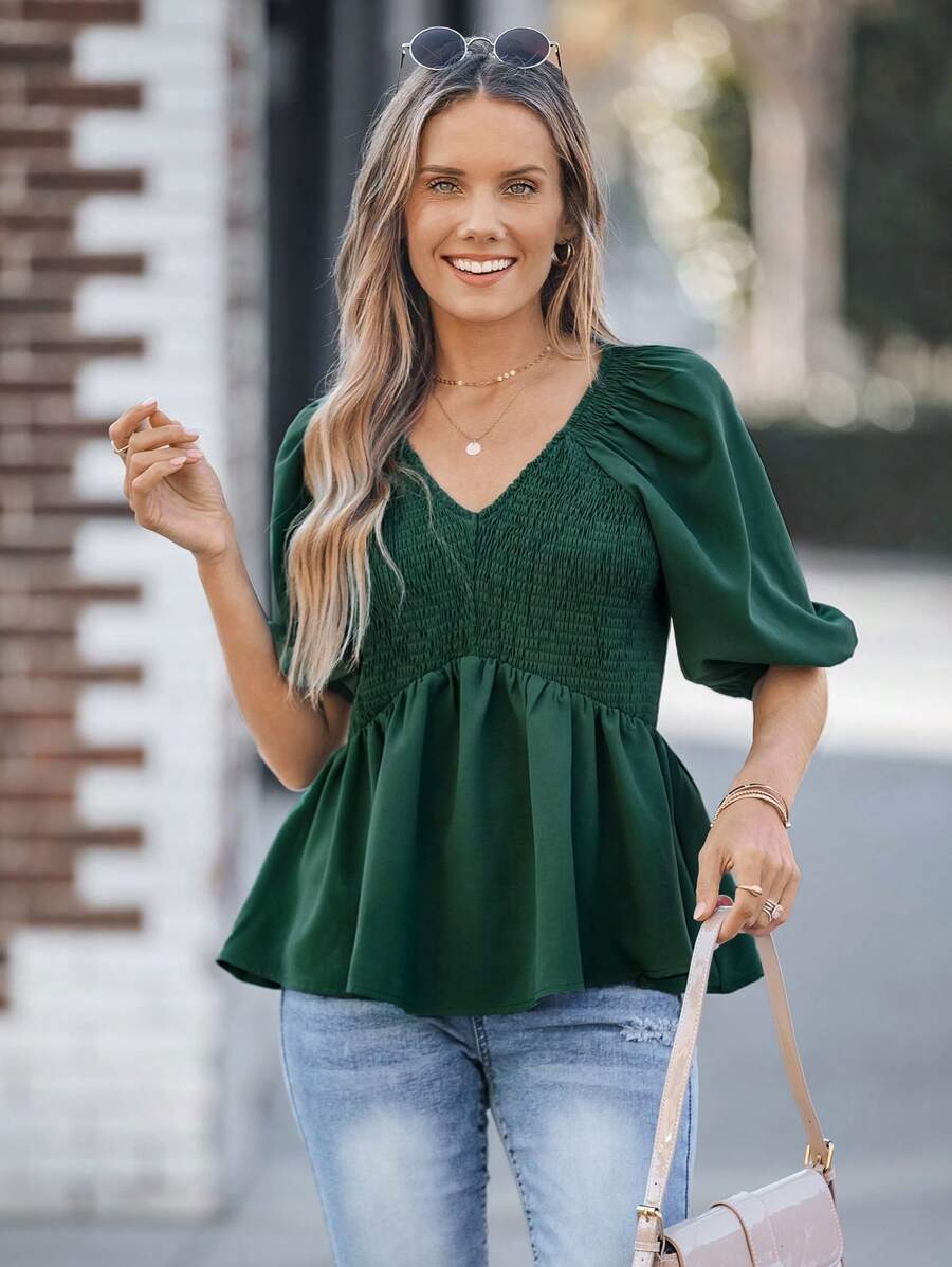 Wildy Women's Jade Green V-Neck Patchwork Hem Casual Shirt