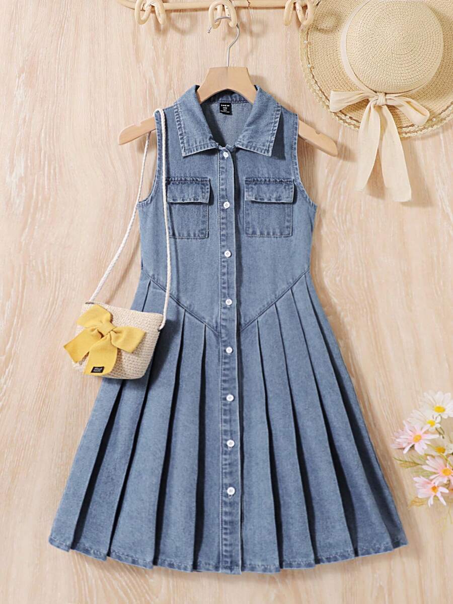 SHEIN Tween pentru fete de vară boho plajă spălată rochie din denim plisată cu nasture în față, rochie de vară pentru fete ținute