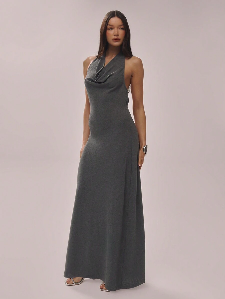 MUSERA Textured Knit Look Halterneck Scoop Back Maxi Dress Elegant Spring Summer Vacation Party