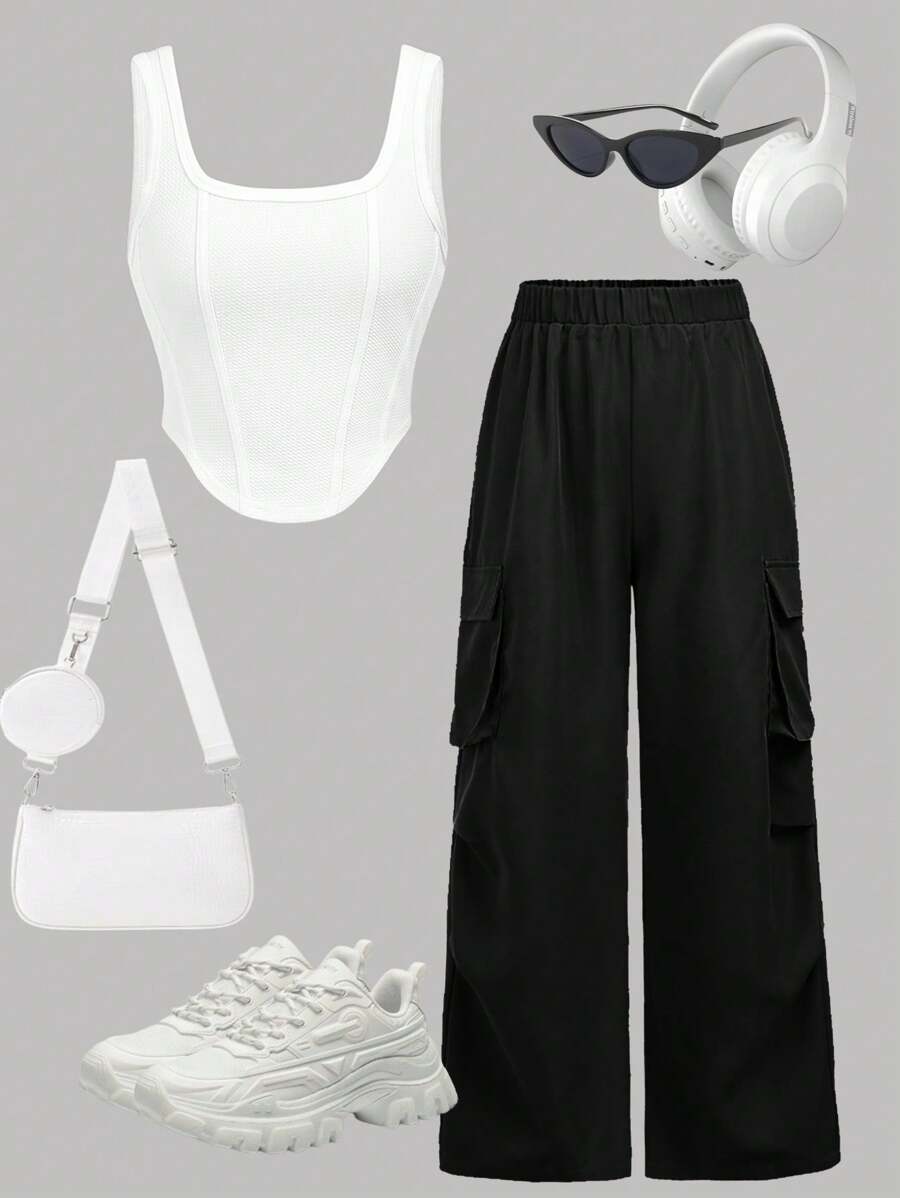 SHEIN Girlism Tween Girls' 2pcs Set Square Neck Knit Tank Top And Casual Long Pants, Street Chic Style