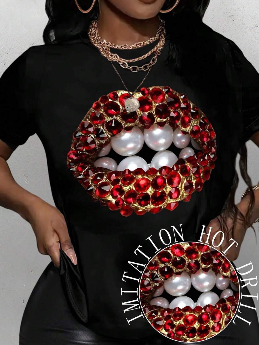 Maweii Plus Size Summer Casual Lip Print Round Neck Short Sleeve T-Shirt