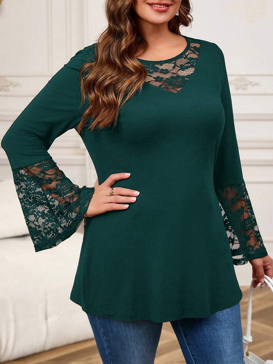 EMERY ROSE Ropa de invierno talla grande para mujeres, ropa navideña para mujeres de unicolor con inserto de encaje, cuello redondo, manga larga, camiseta casual
