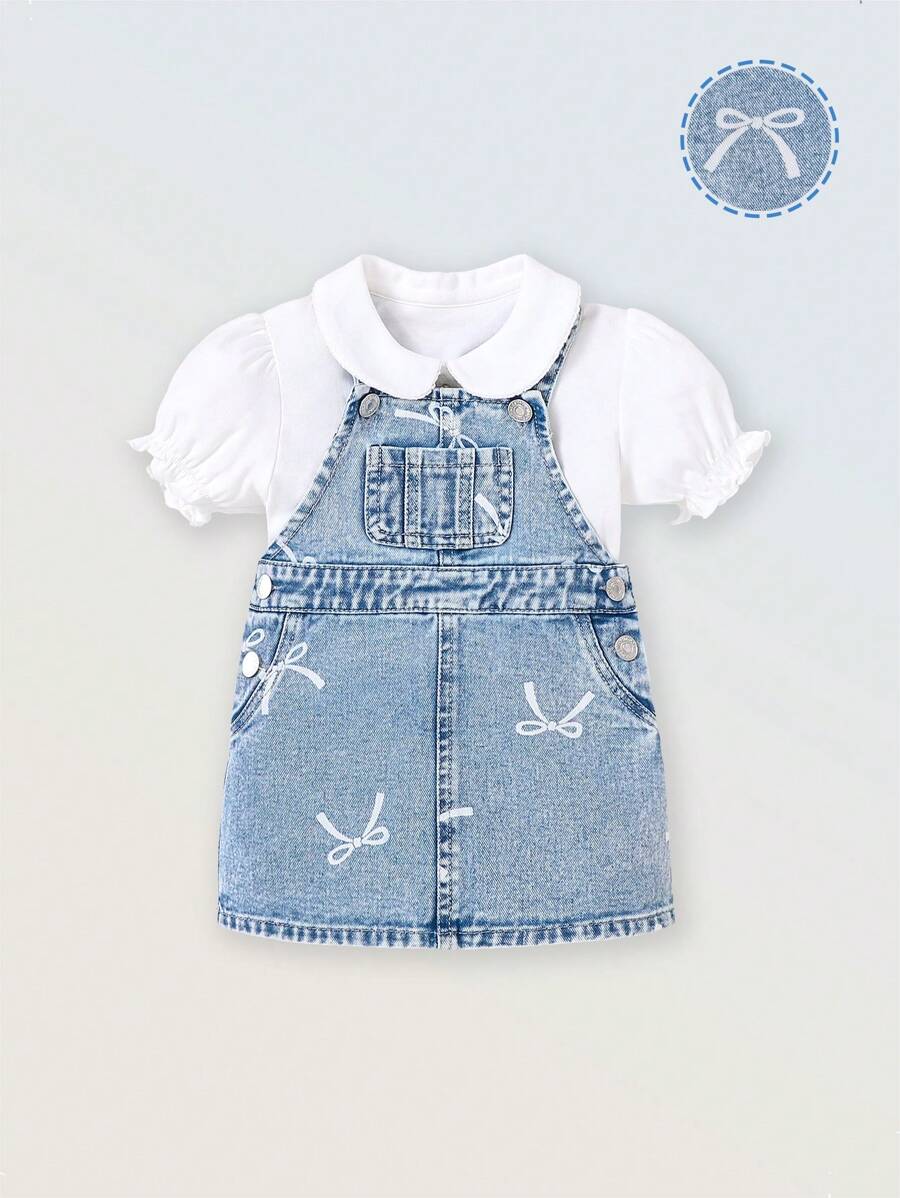 Denimly Vintage Cute Casual Urban Light Wash Bow Print Denim Pinafore Dress