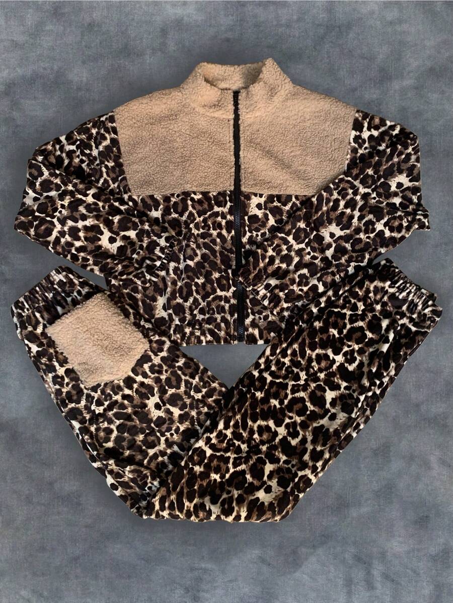 2pcs Women's Leopard Patchwork Jacket & Pants Set, Autumn/Winter