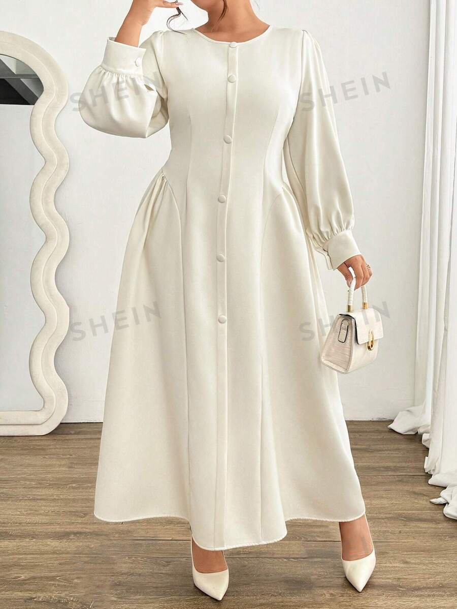 Celure Vestido largo de manga larga y cuello redondo minimalista con solapa falsa, elegante