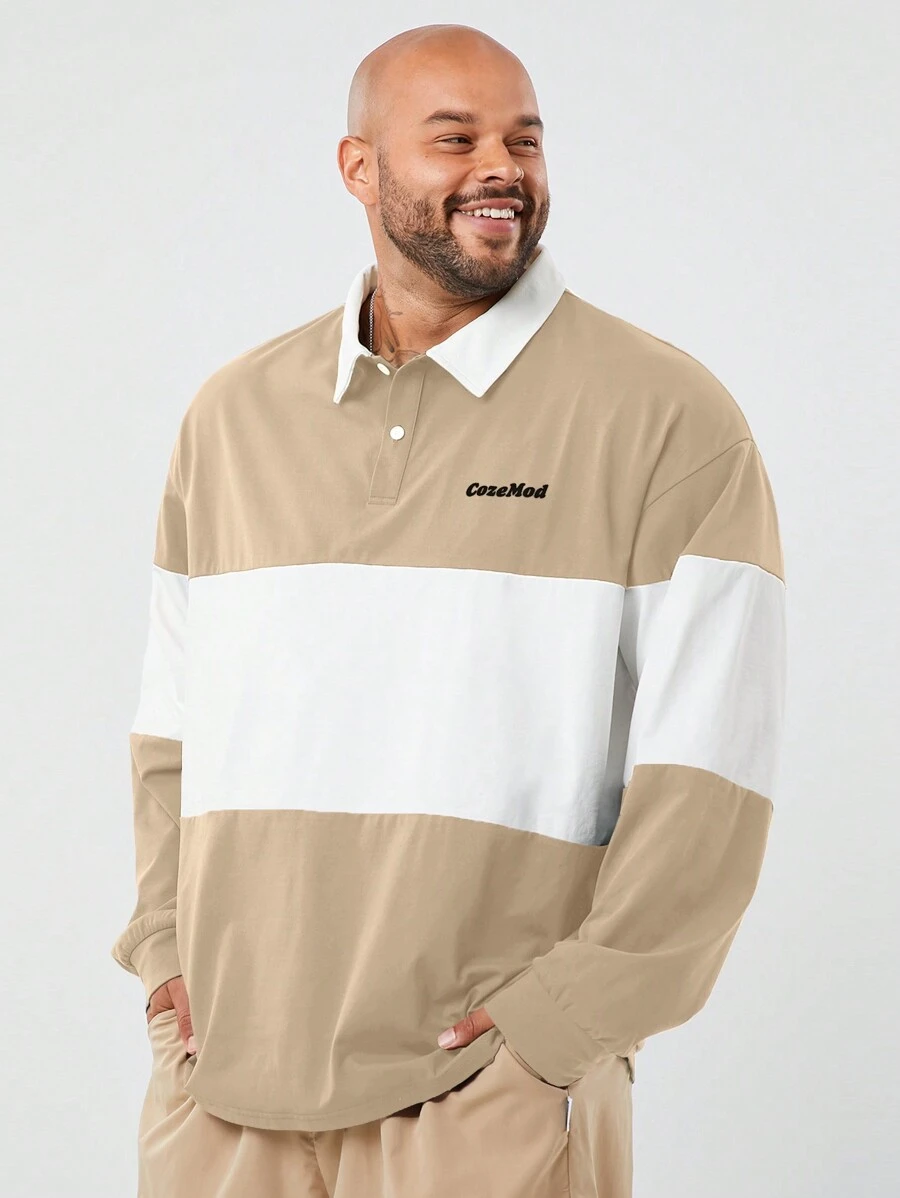 Manfinity NXTstreet Men's Plus Size Casual Knit Patchwork Loose Drop Shoulder Long Sleeve Polo Shirt