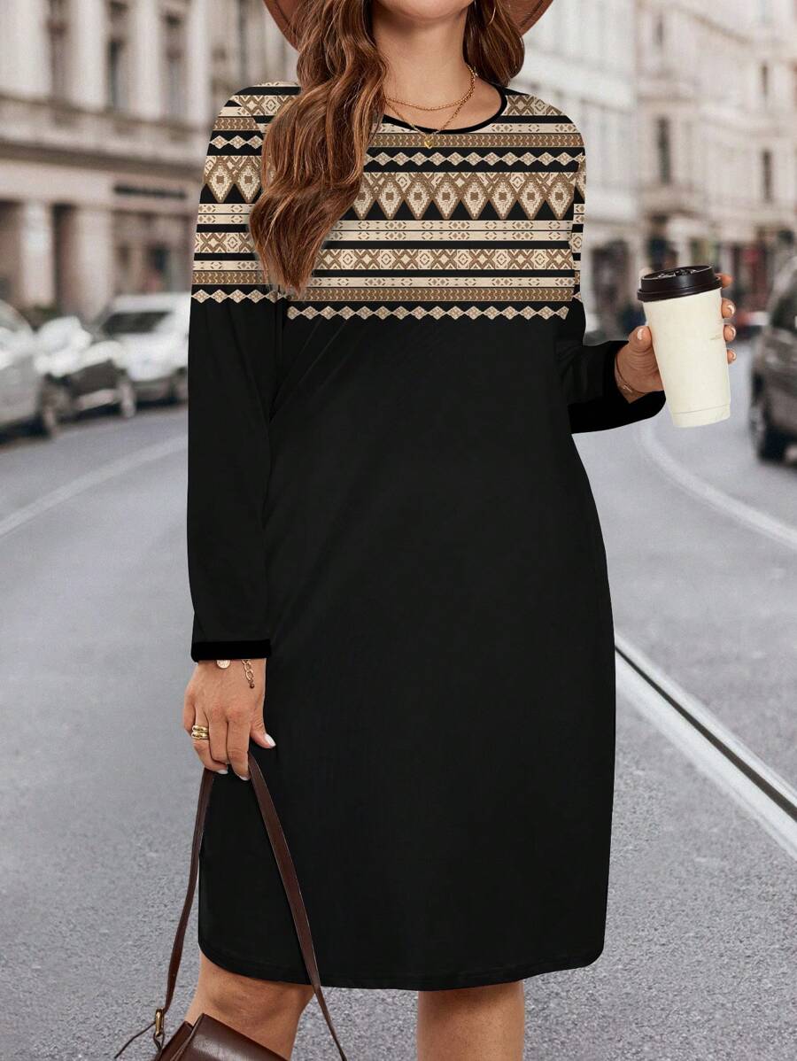 EMERY ROSE Plus Size Women's Floral Print Round Neck Loose Long Sleeve Dress With Pockets, Suitable For Autumn & Winter